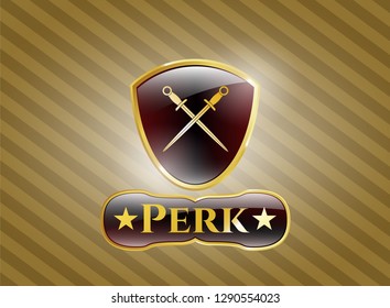  Gold emblem or badge with crossed swords icon and Perk text inside