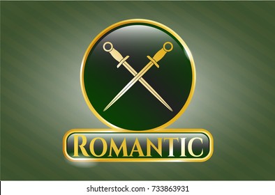  Gold emblem or badge with crossed swords icon and Romantic text inside