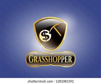  Gold emblem or badge with cryptocurrency mining icon and Grasshopper text inside