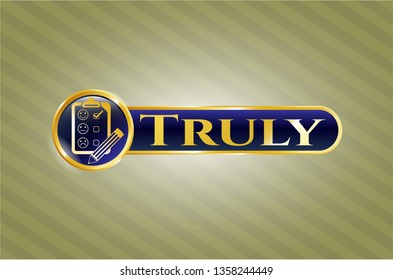 Gold emblem or badge with customer feedback icon and Truly text inside