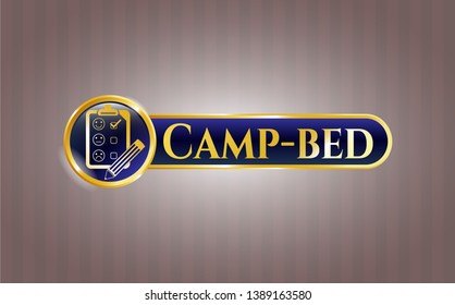  Gold emblem or badge with customer feedback icon and Camp-bed text inside
