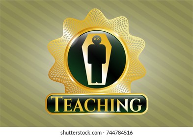  Gold emblem or badge with dead man in his coffin icon and Teaching text inside