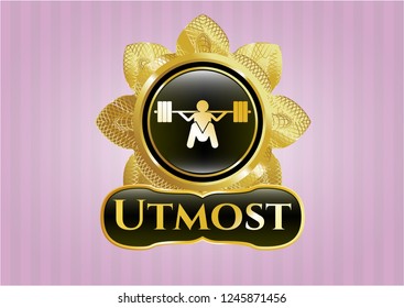  Gold emblem or badge with deep squat icon and Utmost text inside