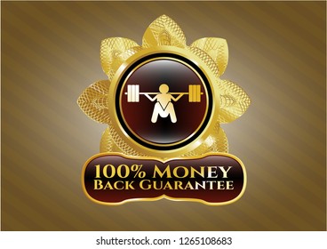  Gold emblem or badge with deep squat icon and 100% Money Back Guarantee text inside