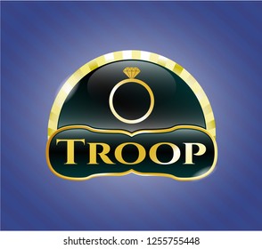  Gold emblem or badge with diamond ring icon and Troop text inside