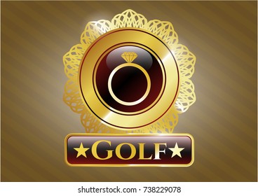  Gold emblem or badge with diamond ring icon and Golf text inside