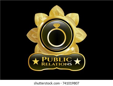  Gold emblem or badge with diamond ring icon and Public Relations text inside