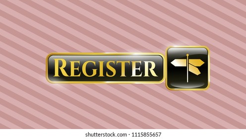  Gold emblem or badge with directions sign icon and Register text inside