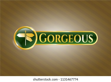  Gold emblem or badge with directions sign icon and Gorgeous text inside