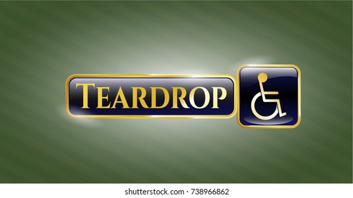  Gold emblem or badge with disabled (wheelchair) icon and Teardrop text inside