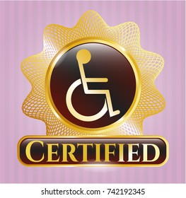  Gold emblem or badge with disabled (wheelchair) icon and Certified text inside