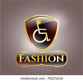  Gold emblem or badge with disabled (wheelchair) icon and Fashion text inside