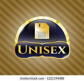  Gold emblem or badge with diskette icon and Unisex text inside