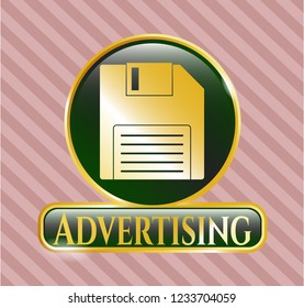  Gold emblem or badge with diskette icon and Advertising text inside