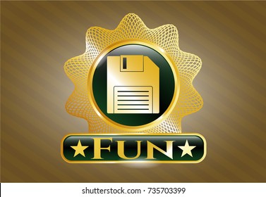  Gold emblem or badge with diskette icon and Fun text inside