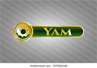  Gold emblem or badge with donut icon and Yam text inside