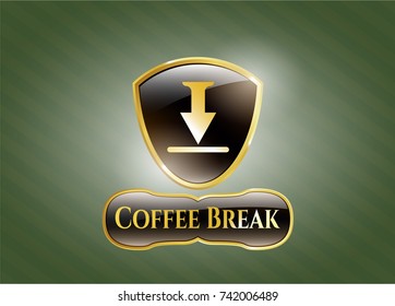  Gold emblem or badge with download icon and Coffee Break text inside