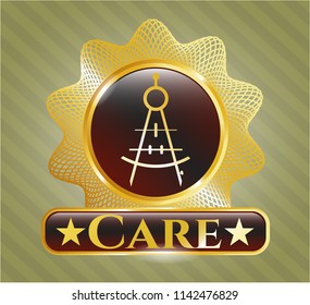  Gold emblem or badge with drawing compass icon and Care text inside