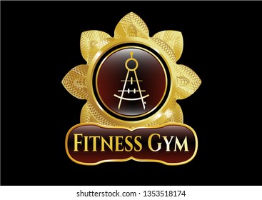  Gold emblem or badge with drawing compass icon and Fitness Gym text inside