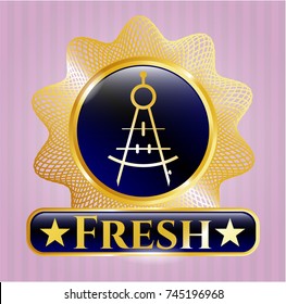  Gold emblem or badge with drawing compass icon and Fresh text inside