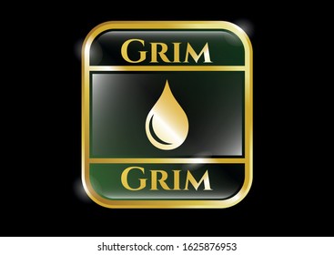  Gold emblem or badge with drop icon and Grim text inside