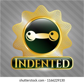  Gold emblem or badge with dumbbell icon and Indented text inside