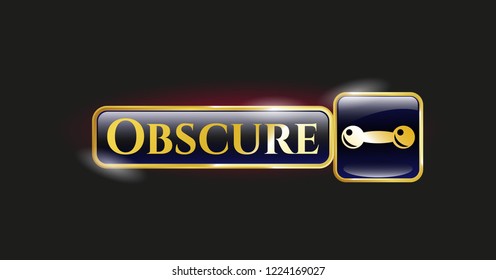  Gold emblem or badge with dumbbell icon and Obscure text inside