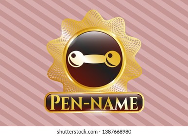  Gold emblem or badge with dumbbell icon and Pen-name text inside