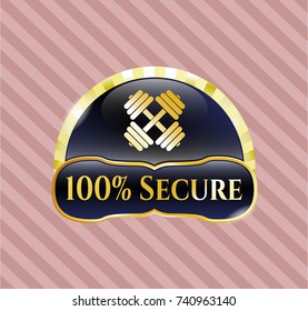  Gold emblem or badge with dumbbell icon and 100% Secure text inside