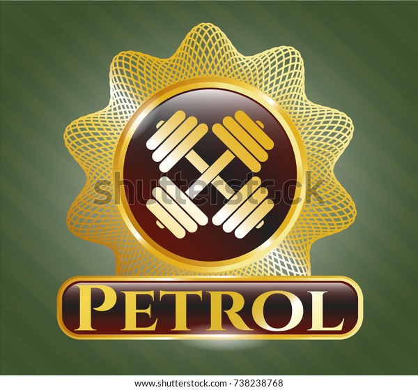  Gold emblem or badge with dumbbell icon and\
Petrol text inside