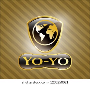  Gold emblem or badge with earth icon and Yo-yo text inside