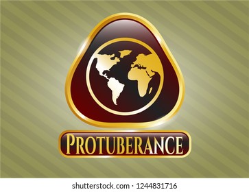  Gold emblem or badge with earth icon and Protuberance text inside