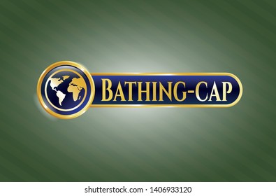  Gold emblem or badge with earth icon and Bathing-cap text inside