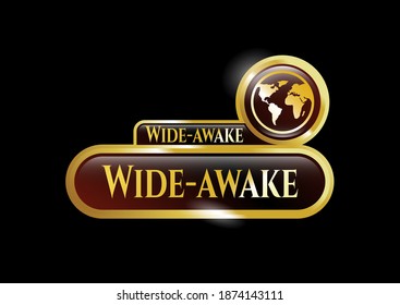 Gold emblem or badge with earth icon and Wide-awake text inside