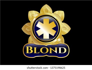  Gold emblem or badge with emergency cross icon and Blond text inside