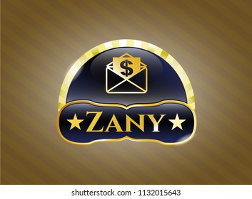  Gold emblem or badge with envelope with paper with money symbol inside icon and Zany text inside