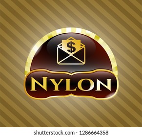  Gold emblem or badge with envelope with paper with money symbol inside icon and Nylon text inside