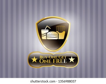  Gold emblem or badge with fast food icon and Buy one get One Free text inside