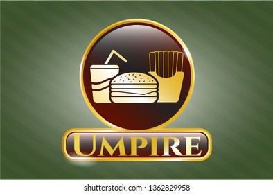  Gold emblem or badge with fast food icon and Umpire text inside