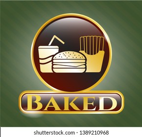  Gold emblem or badge with fast food icon and Baked text inside