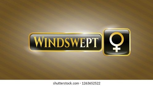  Gold emblem or badge with female icon and Windswept text inside