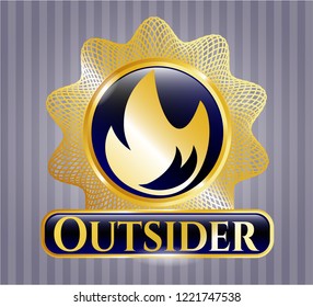  Gold emblem or badge with fire icon and Outsider text inside