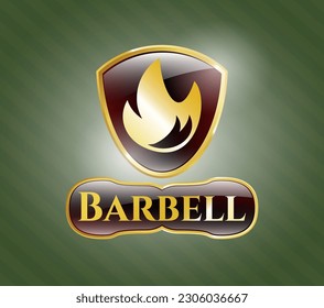 Gold emblem or badge with fire icon and Barbell text inside