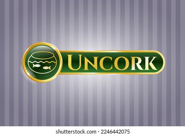 Gold emblem or badge with fishbowl with fish icon and Uncork text inside