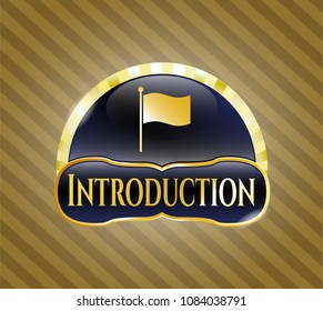   Gold emblem or badge with flag icon and Introduction text inside
