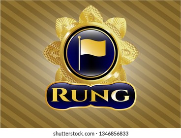  Gold emblem or badge with flag icon and Rung text inside