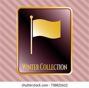  Gold emblem or badge with flag icon and Winter Collection text inside