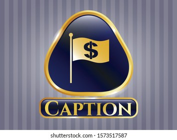  Gold emblem or badge with flag with money symbol inside icon and Caption text inside