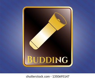  Gold emblem or badge with flashlight icon and Budding text inside