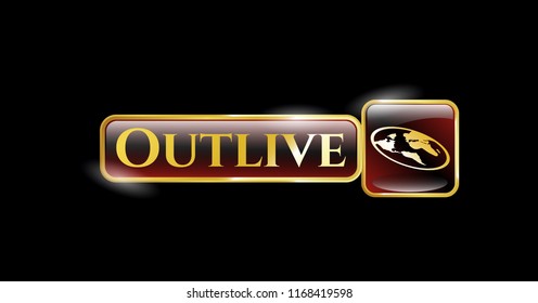  Gold emblem or badge with flat earth icon and Outlive text inside